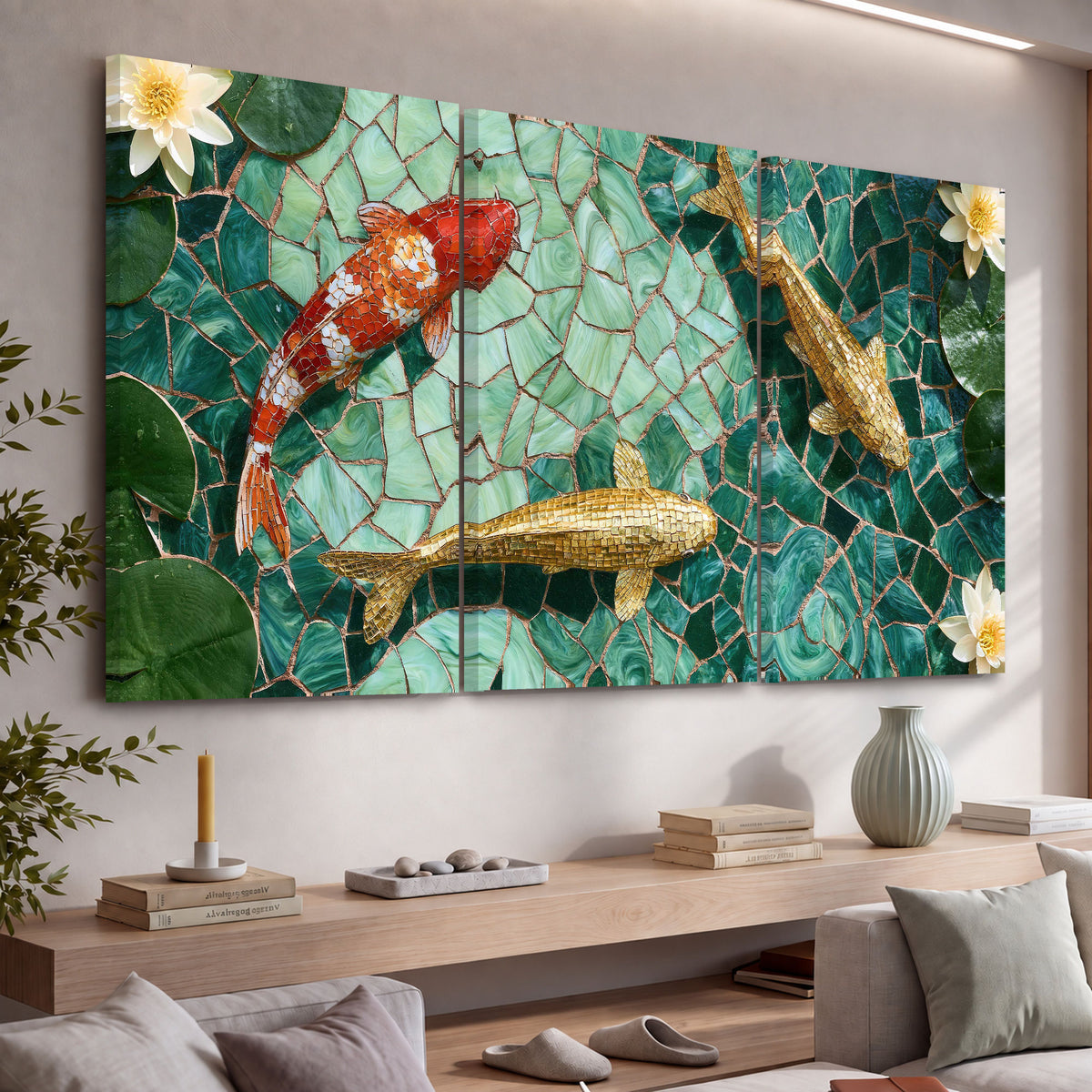 Koi fish mosaic 3 piece canvas wall art in a living room above a console