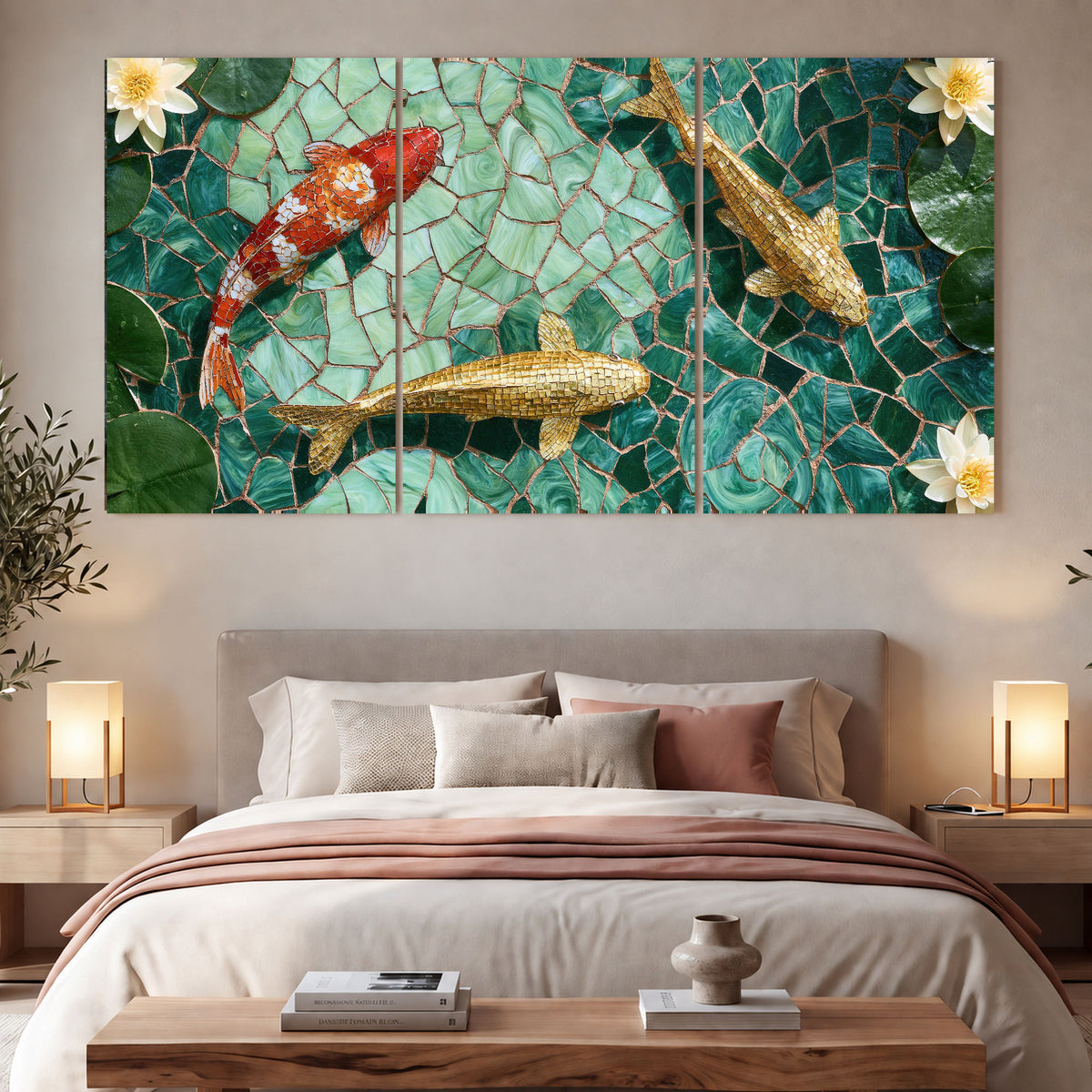 Koi fish mosaic 3 piece canvas wall art in a bedroom above the bed