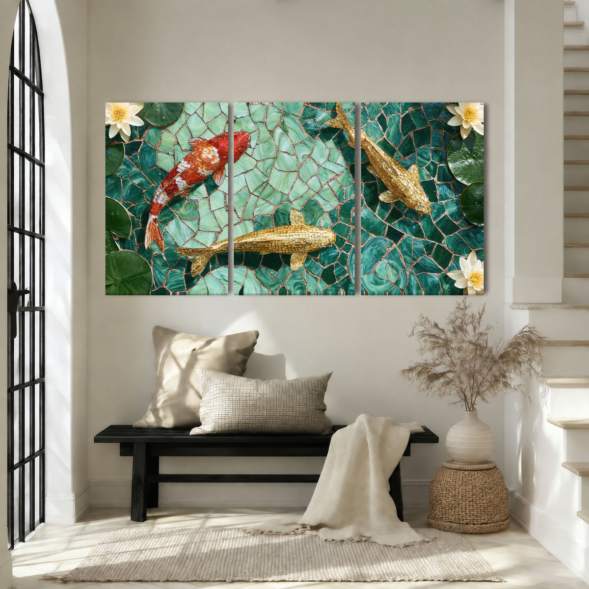 Koi fish mosaic 3 piece canvas wall art in an entryway above a bench