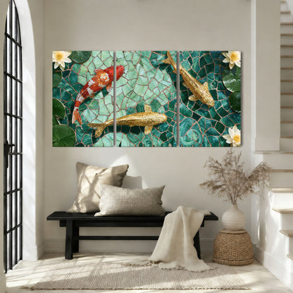 Koi fish mosaic 3 piece canvas wall art in an entryway above a bench