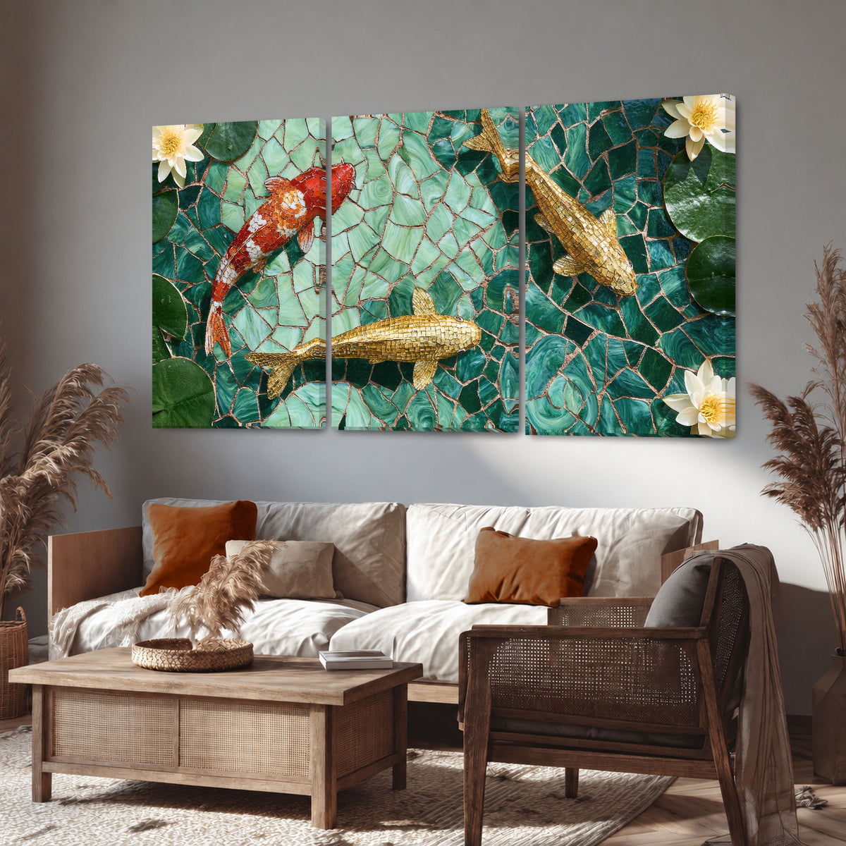 Koi fish mosaic 3 piece canvas wall art in a rustic living room