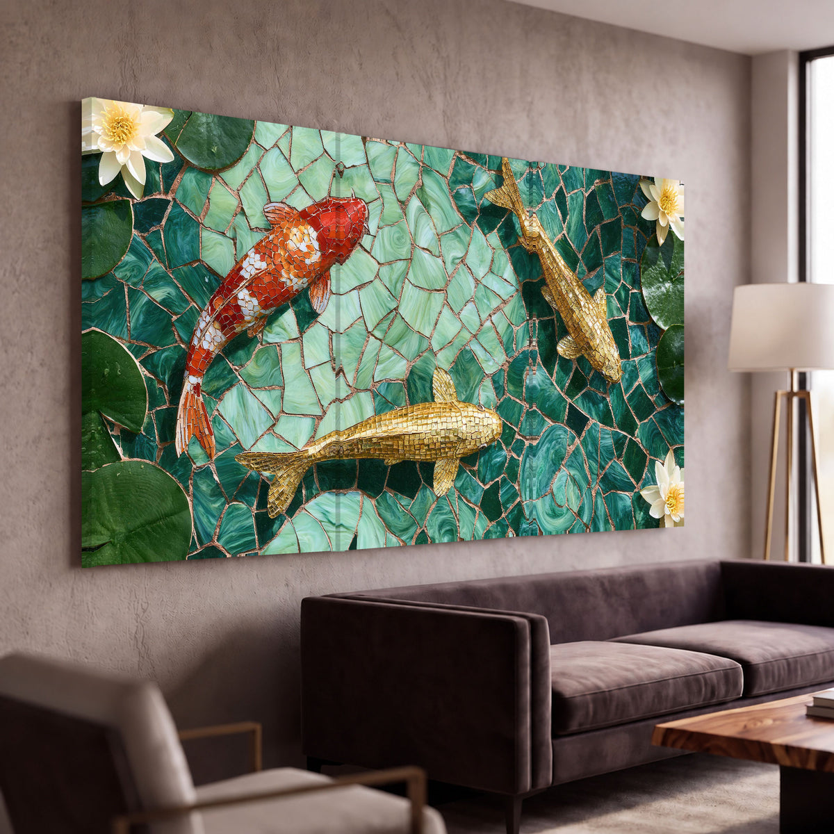 Koi fish mosaic 3 piece canvas wall art in a modern living room