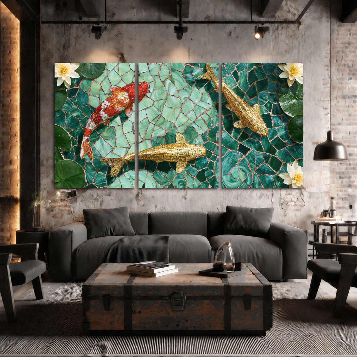 Koi fish mosaic 3 piece canvas wall art in an industrial loft