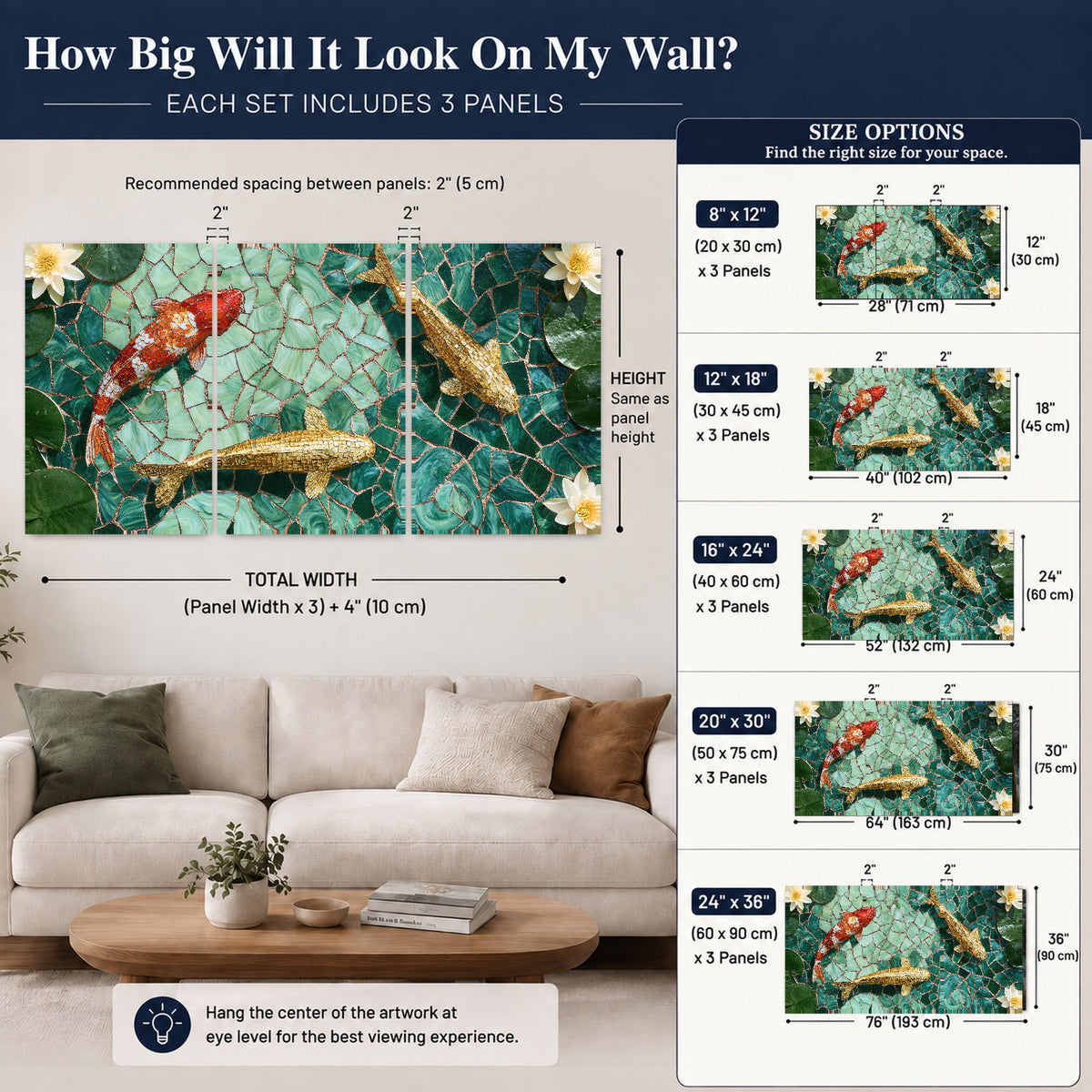 Koi fish mosaic 3 piece canvas wall art size guide above a sofa