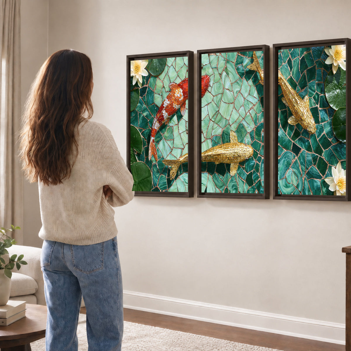Koi fish mosaic 3 piece framed canvas in a living room
