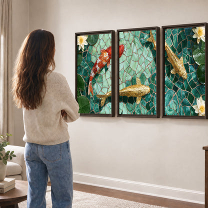 Koi fish mosaic 3 piece framed canvas in a living room