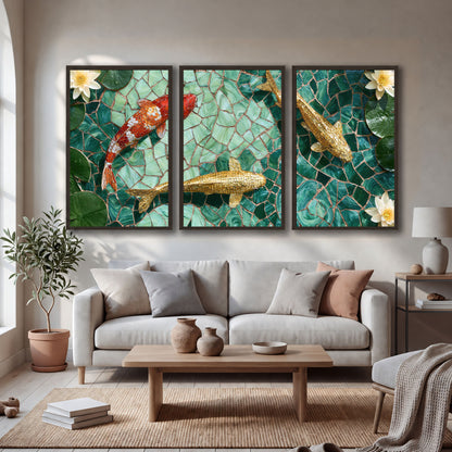 Koi fish mosaic 3 piece framed canvas in a bright living room