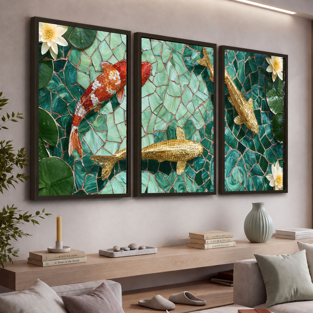 Koi fish mosaic 3 piece framed canvas in a living room above a console