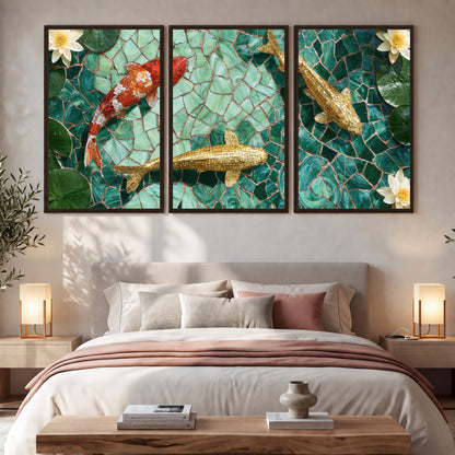 Koi fish mosaic 3 piece framed canvas in a bedroom above the bed