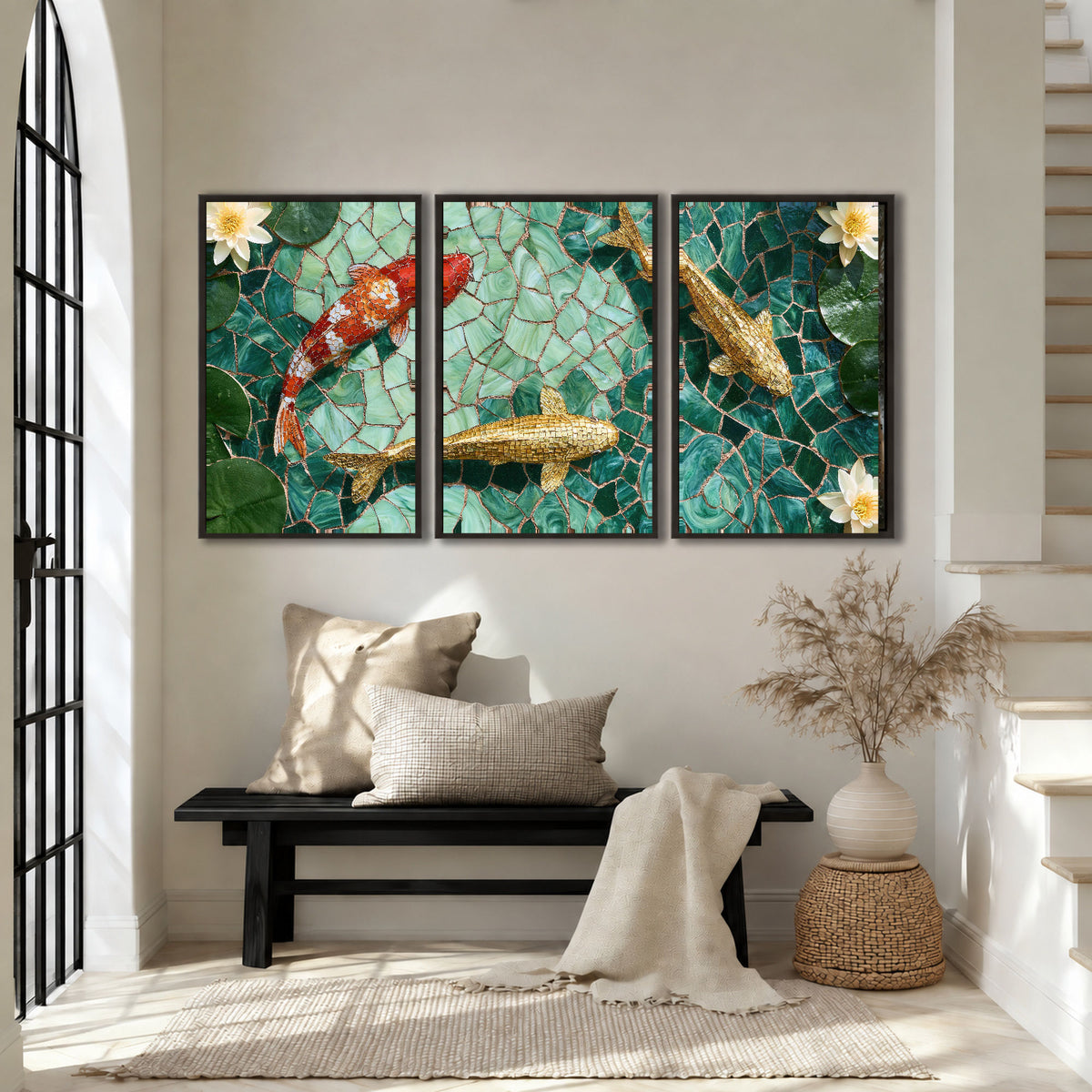 Koi fish mosaic 3 piece framed canvas in an entryway above a bench