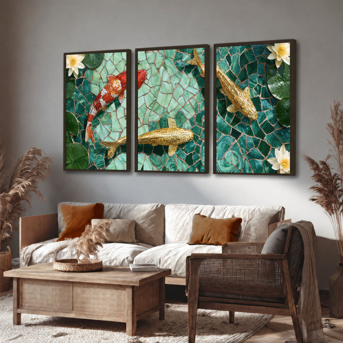 Koi fish mosaic 3 piece framed canvas in a rustic living room