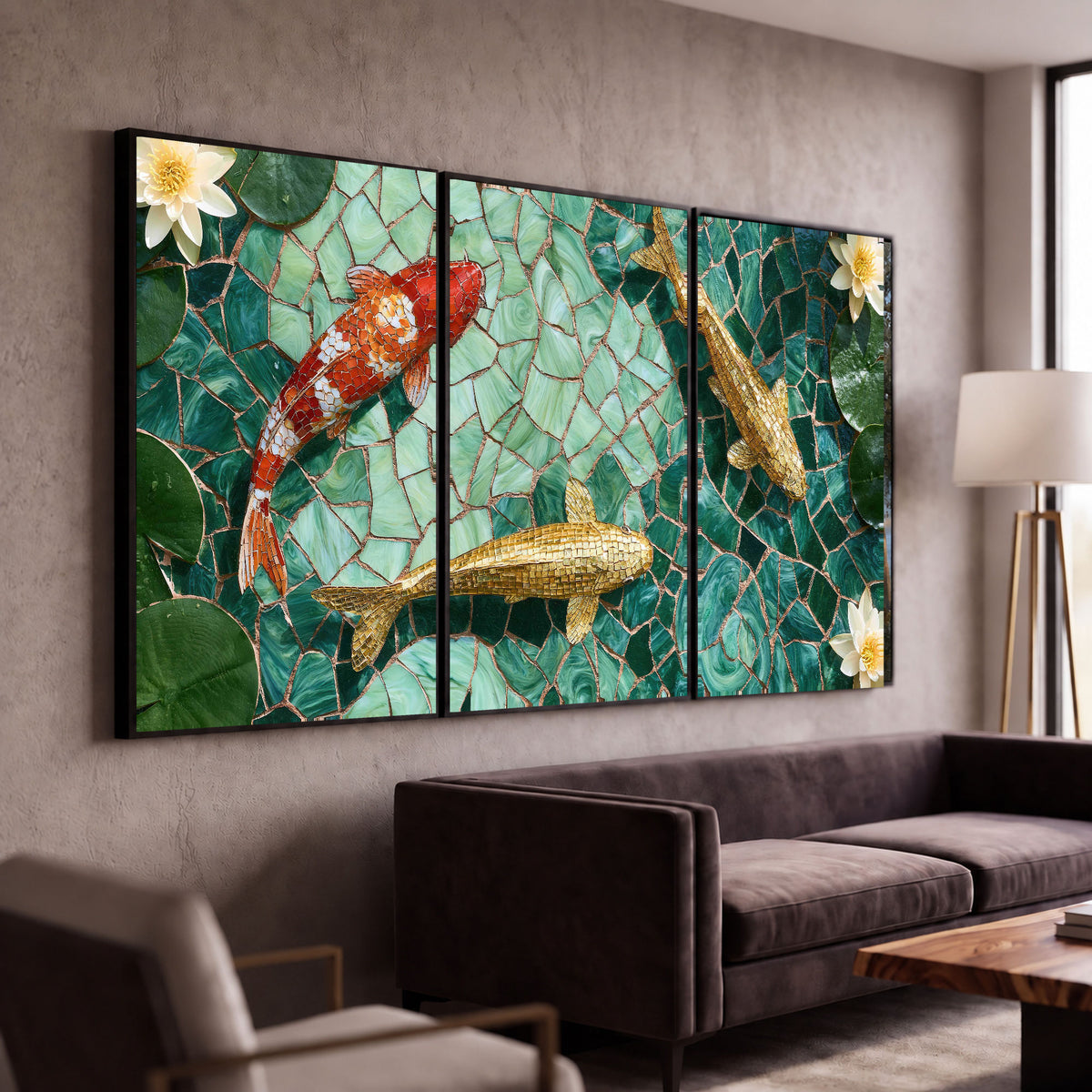 Koi fish mosaic 3 piece framed canvas in a modern living room