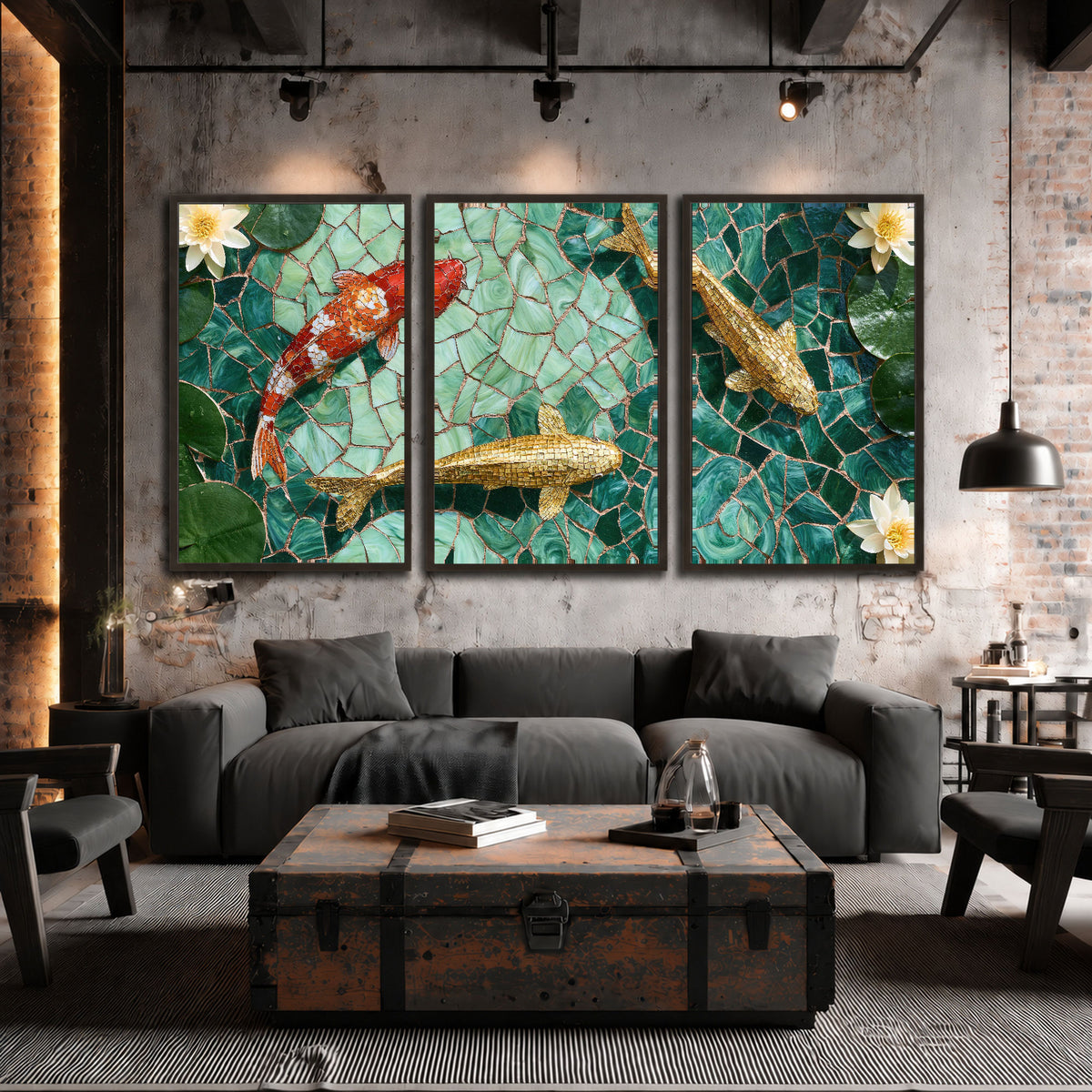 Koi fish mosaic 3 piece framed canvas in an industrial loft