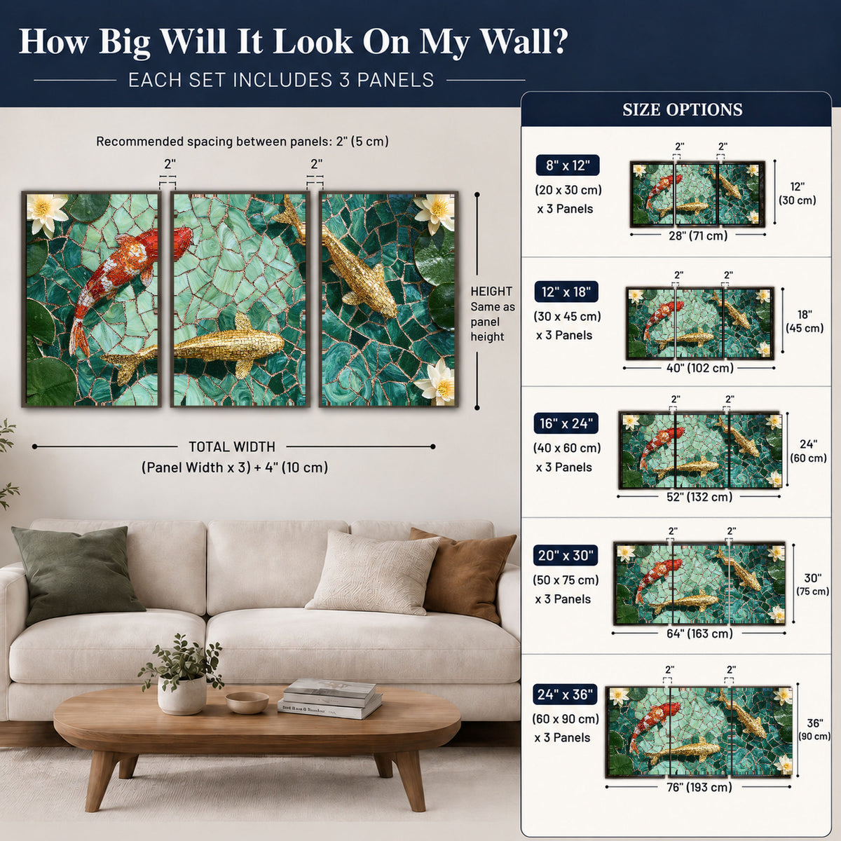 Koi fish mosaic 3 piece framed canvas size guide above a sofa