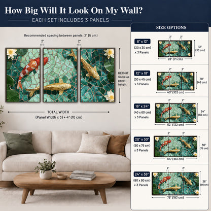 Koi fish mosaic 3 piece framed canvas size guide above a sofa