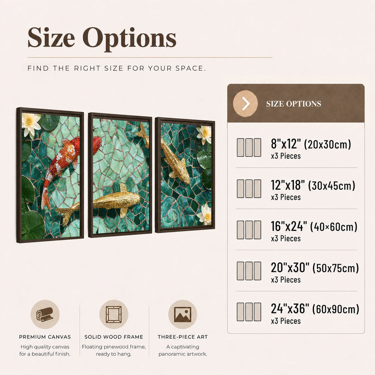 Koi fish mosaic 3 piece framed canvas size options