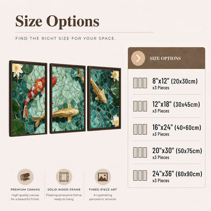 Koi fish mosaic 3 piece framed canvas size options
