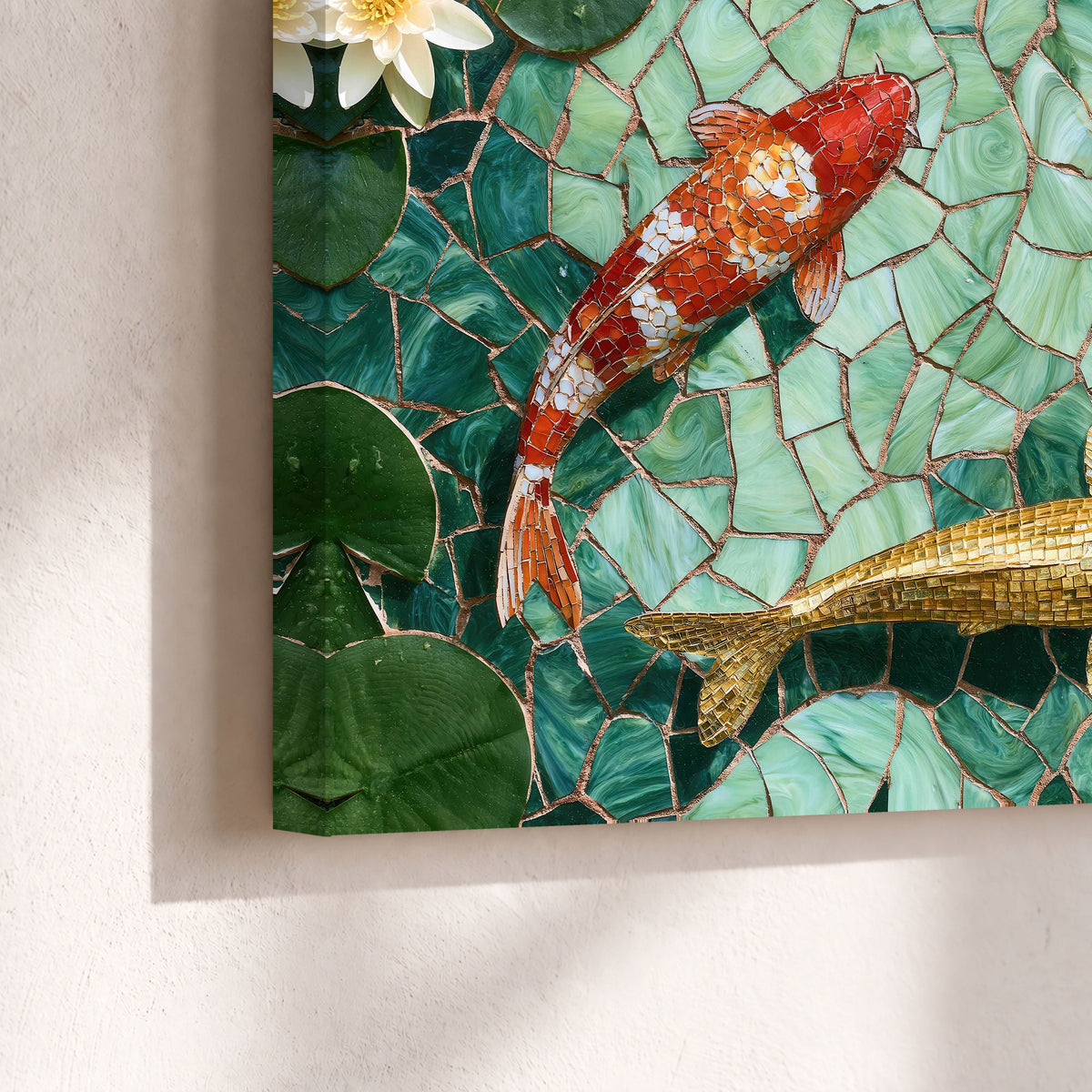 Koi fish mosaic canvas print close-up showing the gallery-wrapped edge