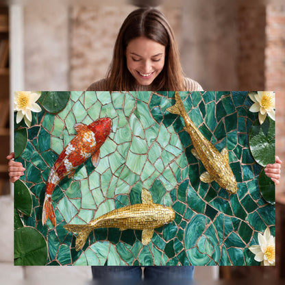 Koi fish mosaic stretched canvas wall art held in hands