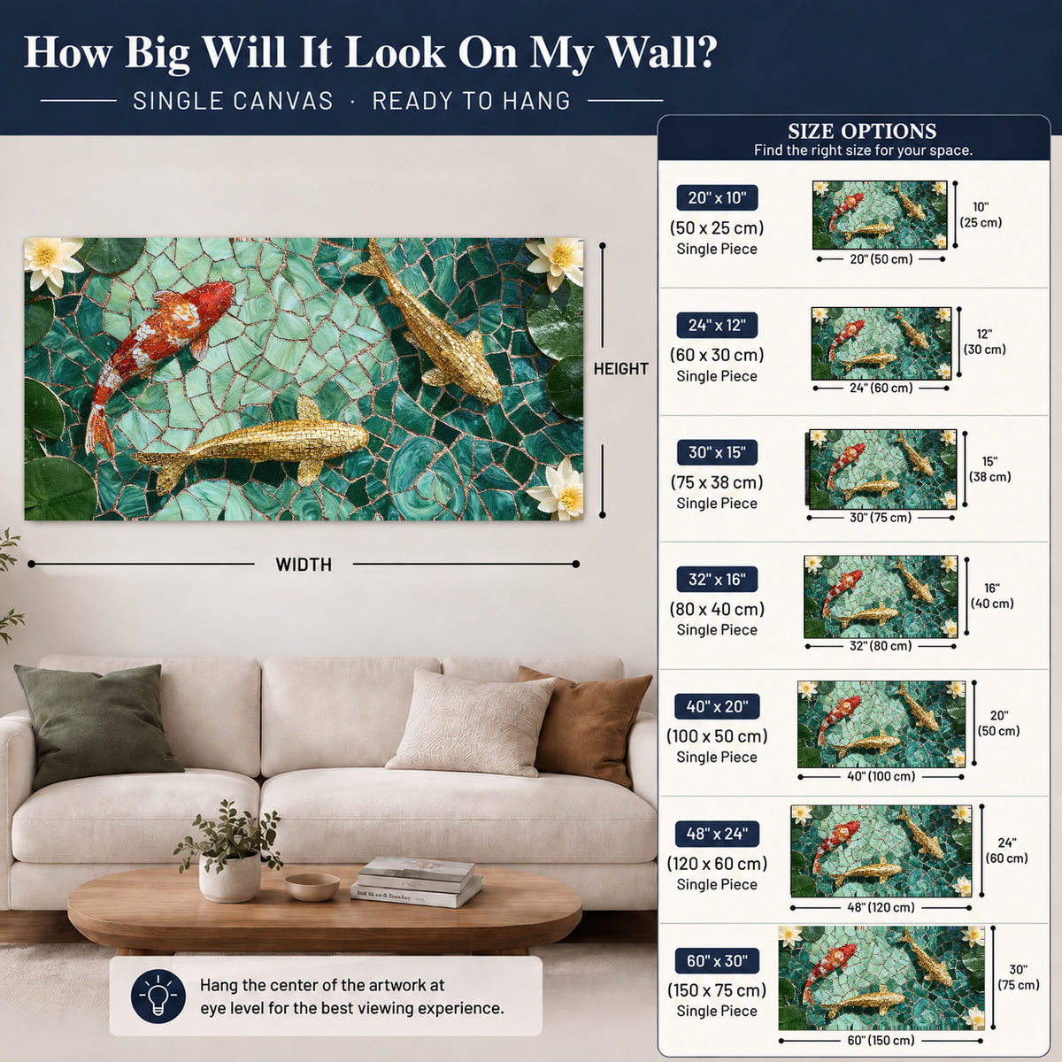Koi fish mosaic canvas wall art size guide above a sofa