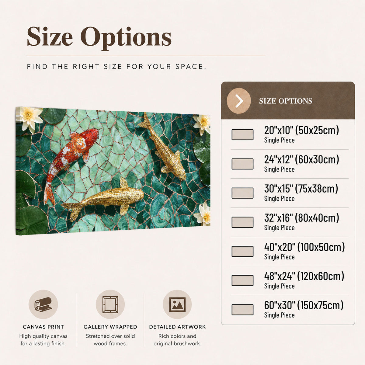 Koi fish mosaic canvas wall art size options