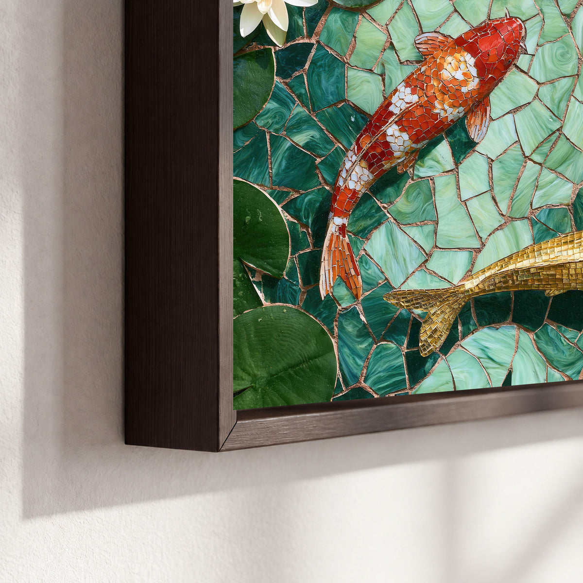 Koi fish mosaic framed canvas close-up showing the floating frame
