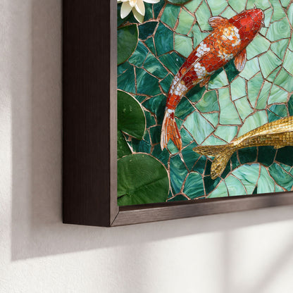 Koi fish mosaic framed canvas close-up showing the floating frame