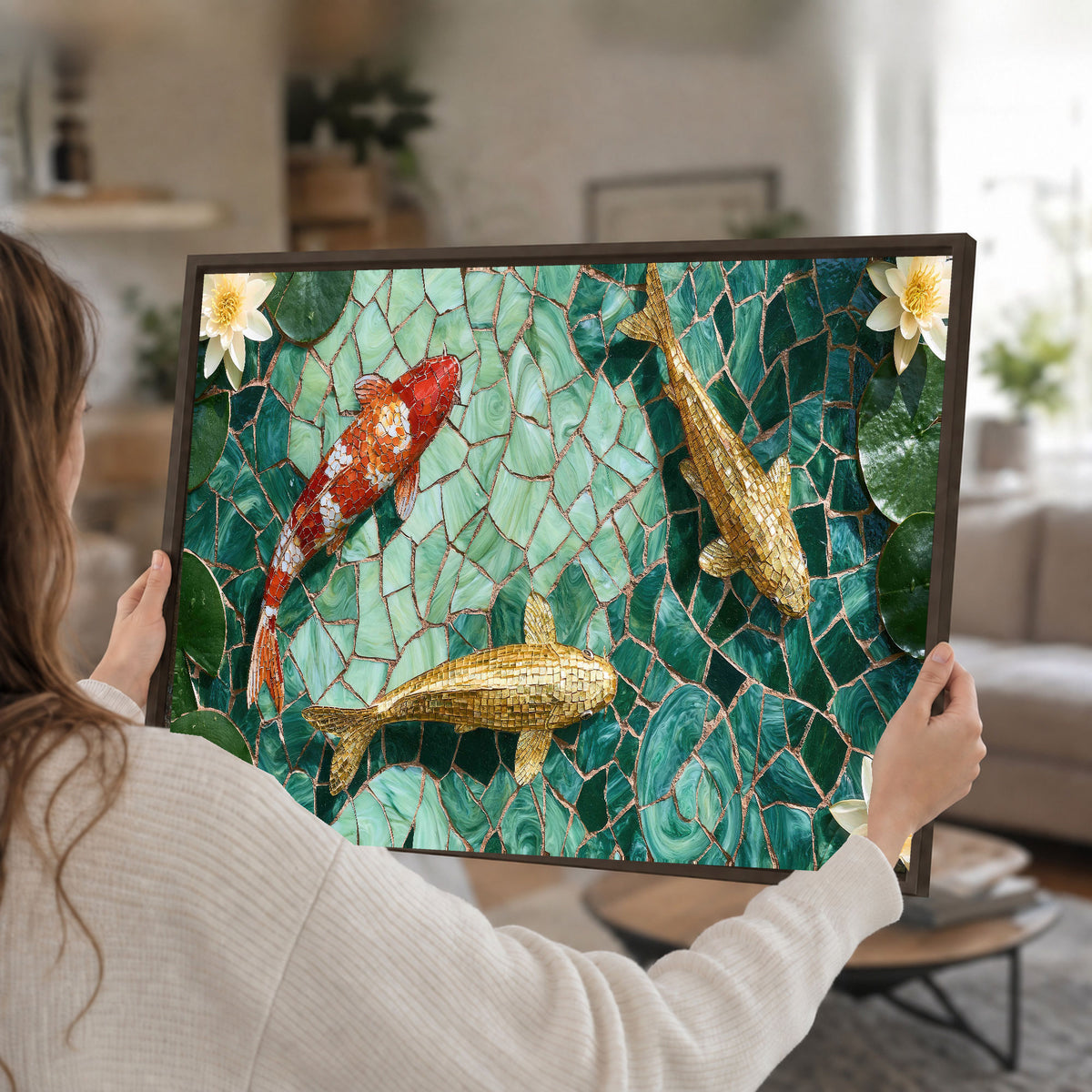 Koi fish mosaic framed canvas wall art held in hands