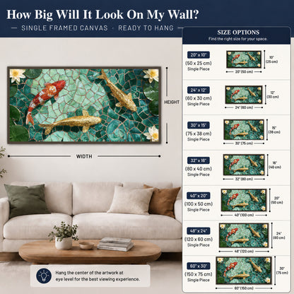 Koi fish mosaic framed canvas wall art size guide above a sofa
