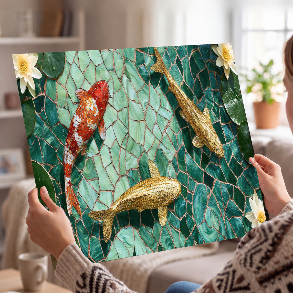 Koi fish mosaic poster print held in hands