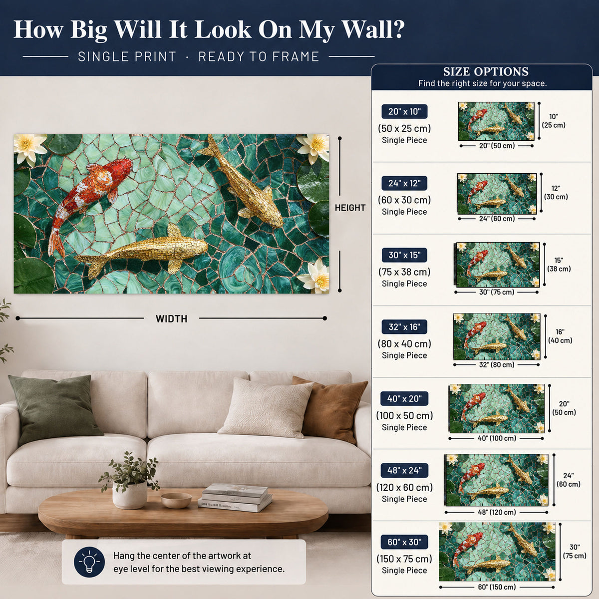 Koi fish mosaic poster print size guide above a sofa