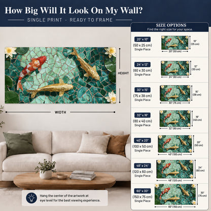 Koi fish mosaic poster print size guide above a sofa