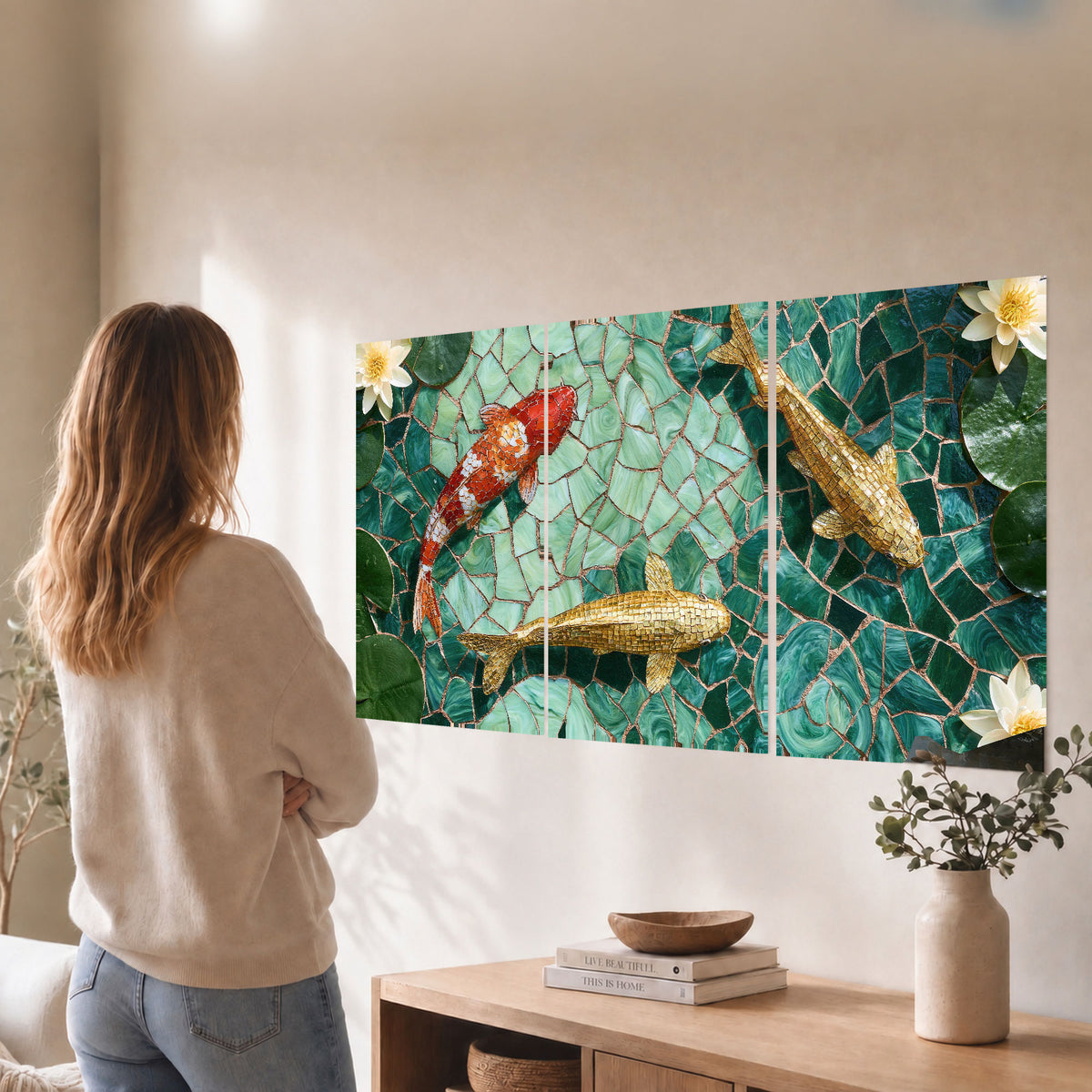 Koi fish mosaic set of 3 poster prints in a living room