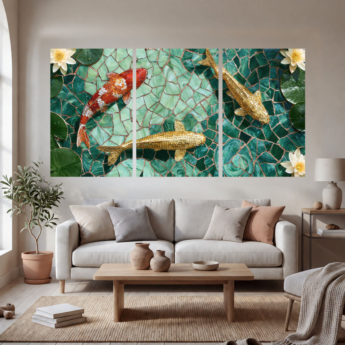 Koi fish mosaic set of 3 poster prints in a bright living room