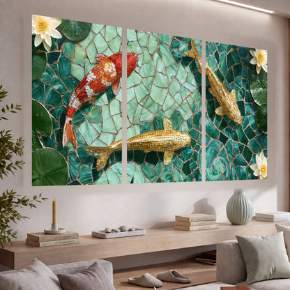 Koi fish mosaic set of 3 poster prints in a living room above a console