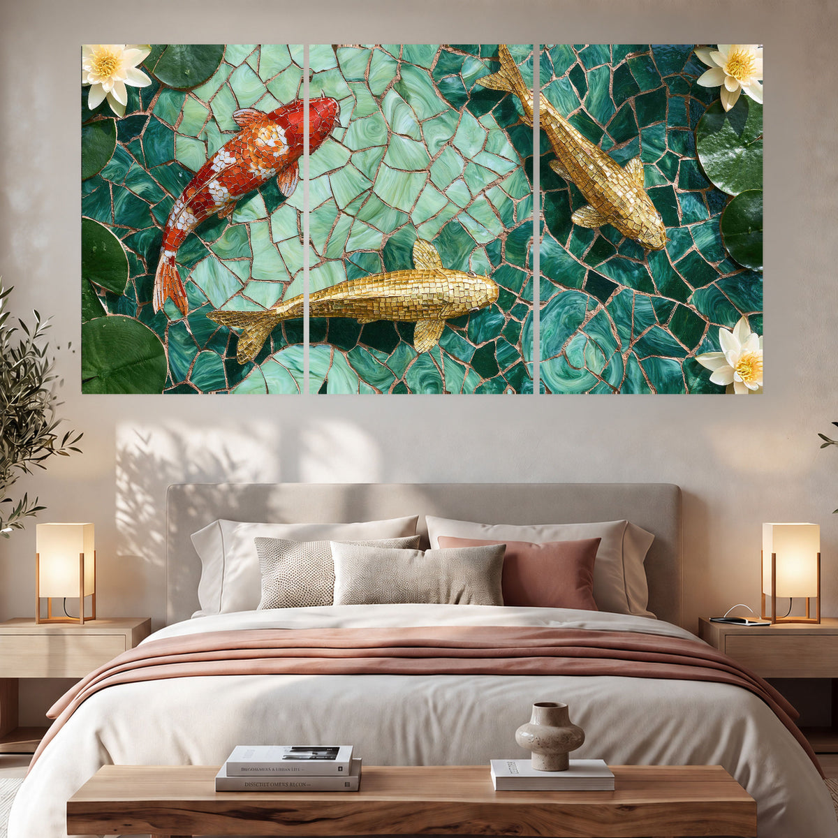 Koi fish mosaic set of 3 poster prints in a bedroom above the bed
