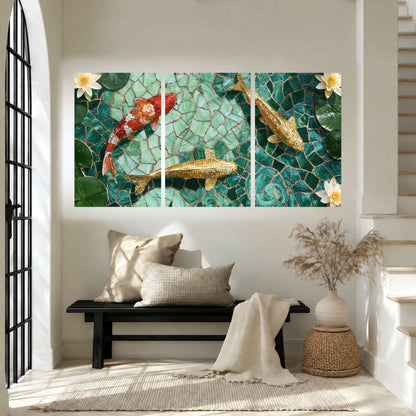 Koi fish mosaic set of 3 poster prints in an entryway above a bench