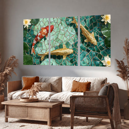Koi fish mosaic set of 3 poster prints in a rustic living room