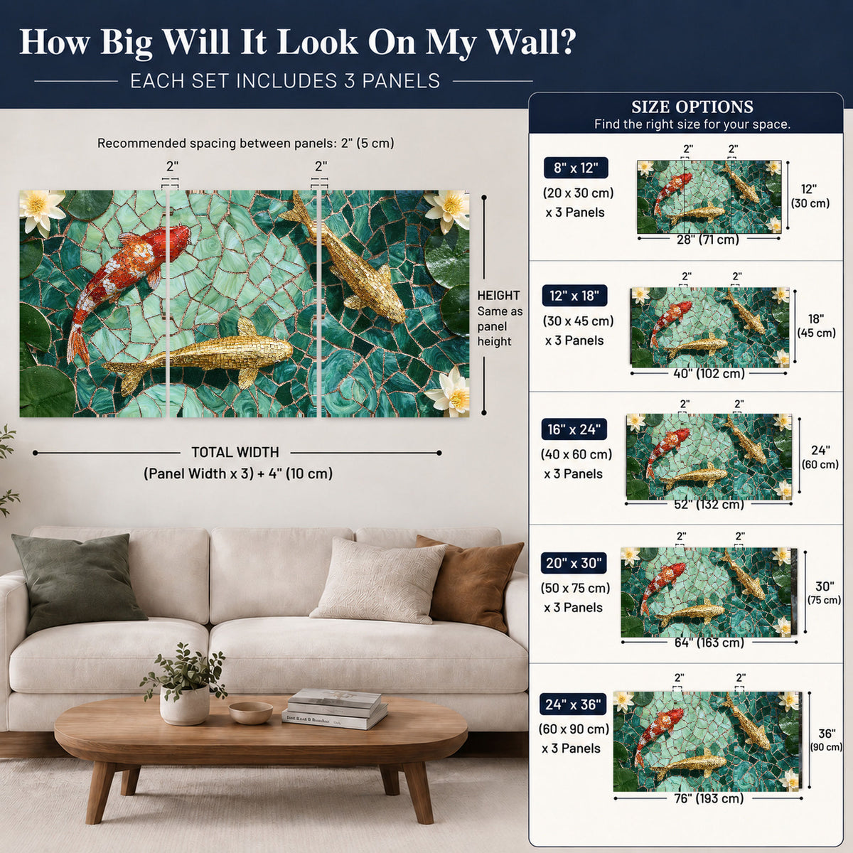 Koi fish mosaic set of 3 poster prints size guide above a sofa