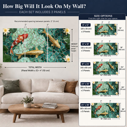 Koi fish mosaic set of 3 poster prints size guide above a sofa