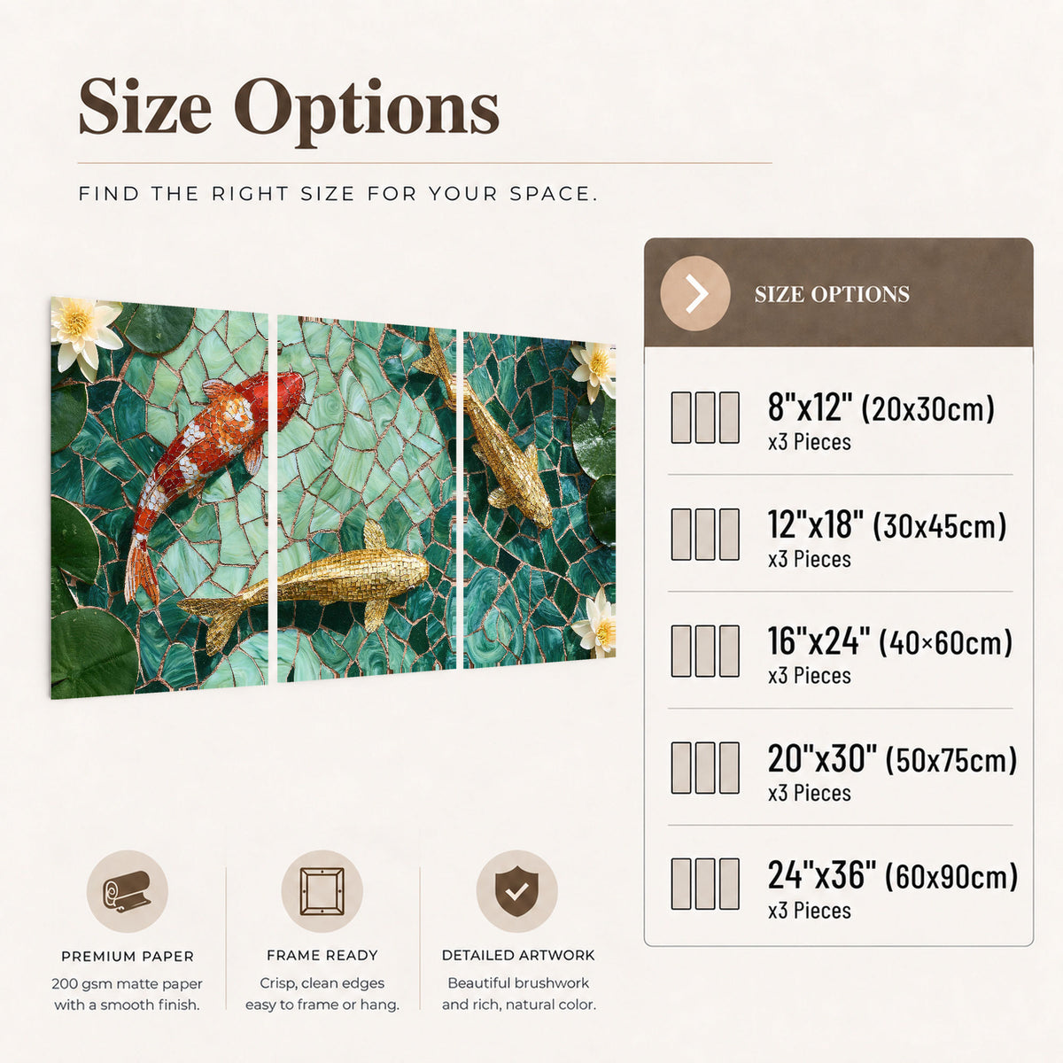 Koi fish mosaic set of 3 poster prints size options