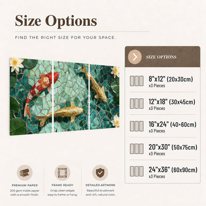 Koi fish mosaic set of 3 poster prints size options