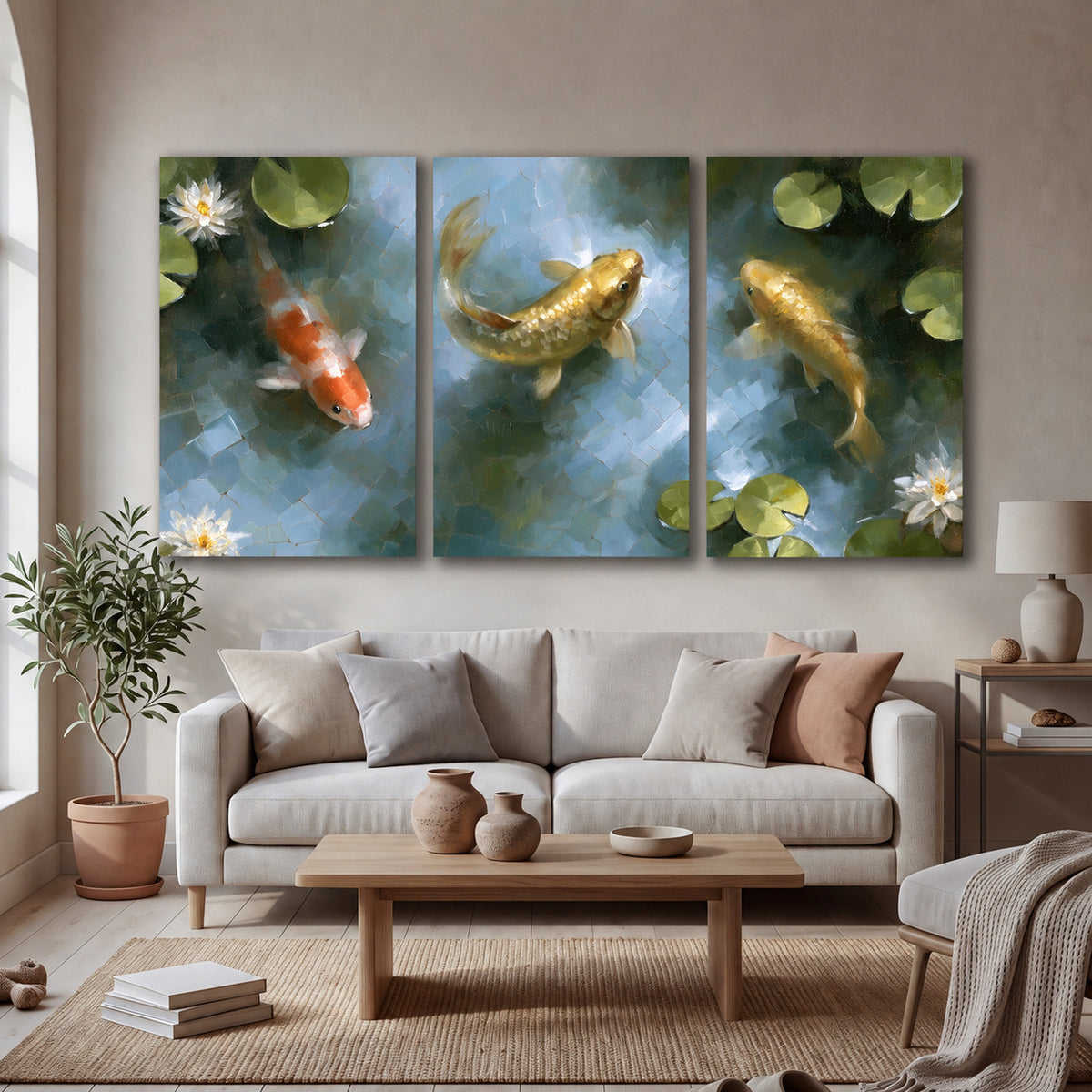 Koi fish pond painting 3 piece canvas wall art in a bright living room