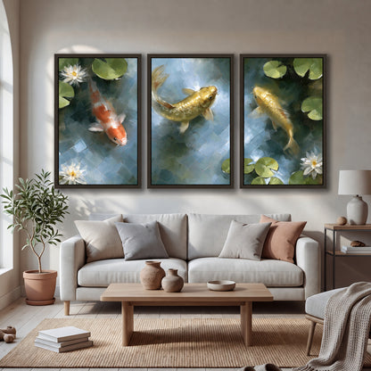 Koi fish pond painting 3 piece framed canvas in a bright living room