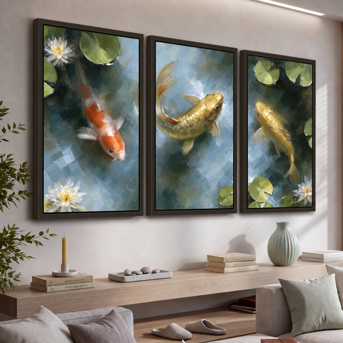 Koi fish pond painting 3 piece framed canvas in a living room above a console