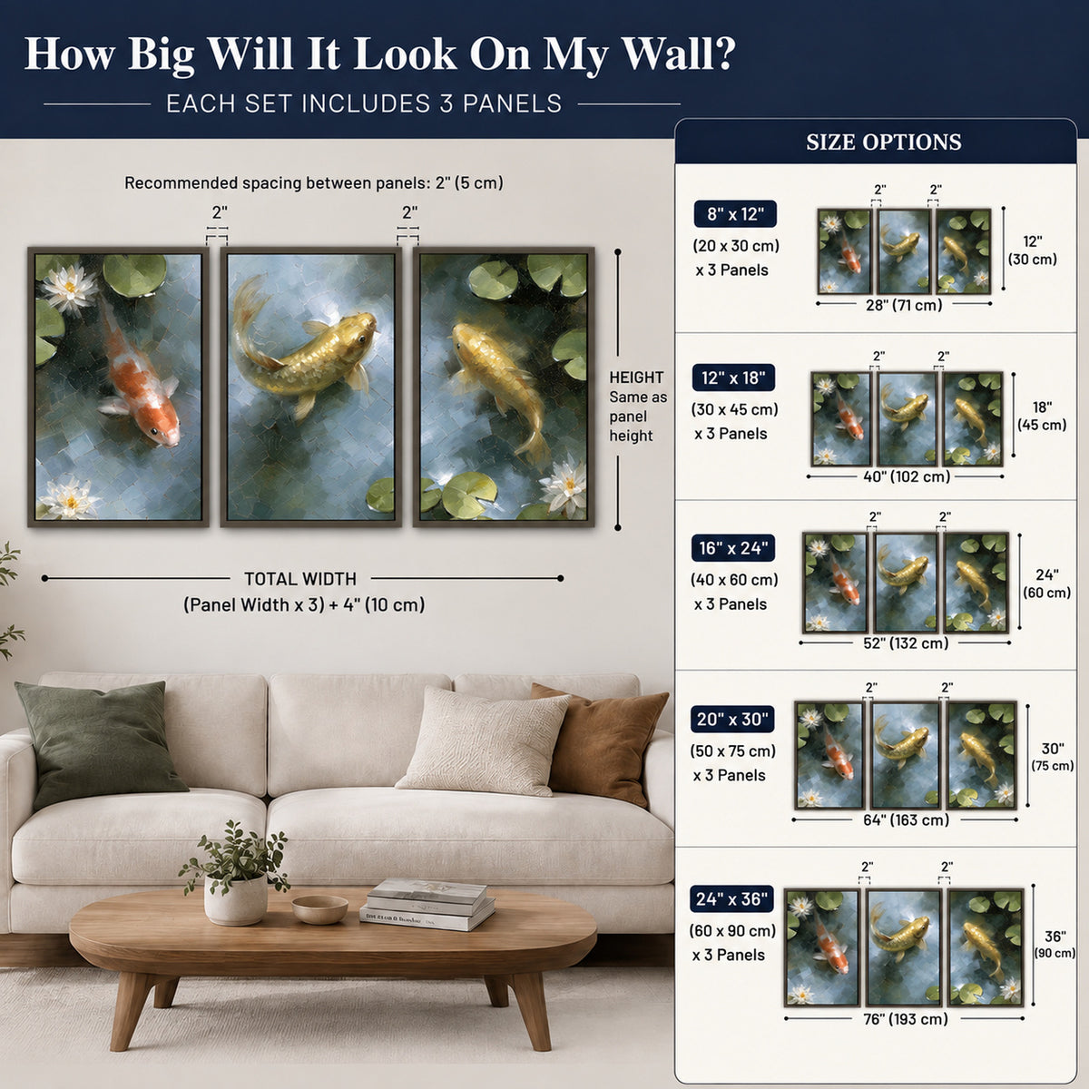 Koi fish pond painting 3 piece framed canvas size guide above a sofa