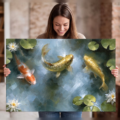 Koi fish pond painting stretched canvas wall art held in hands