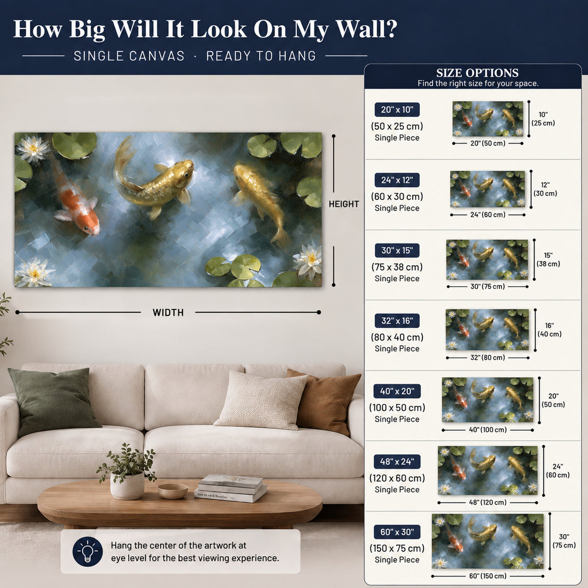 Koi fish pond painting canvas wall art size guide above a sofa