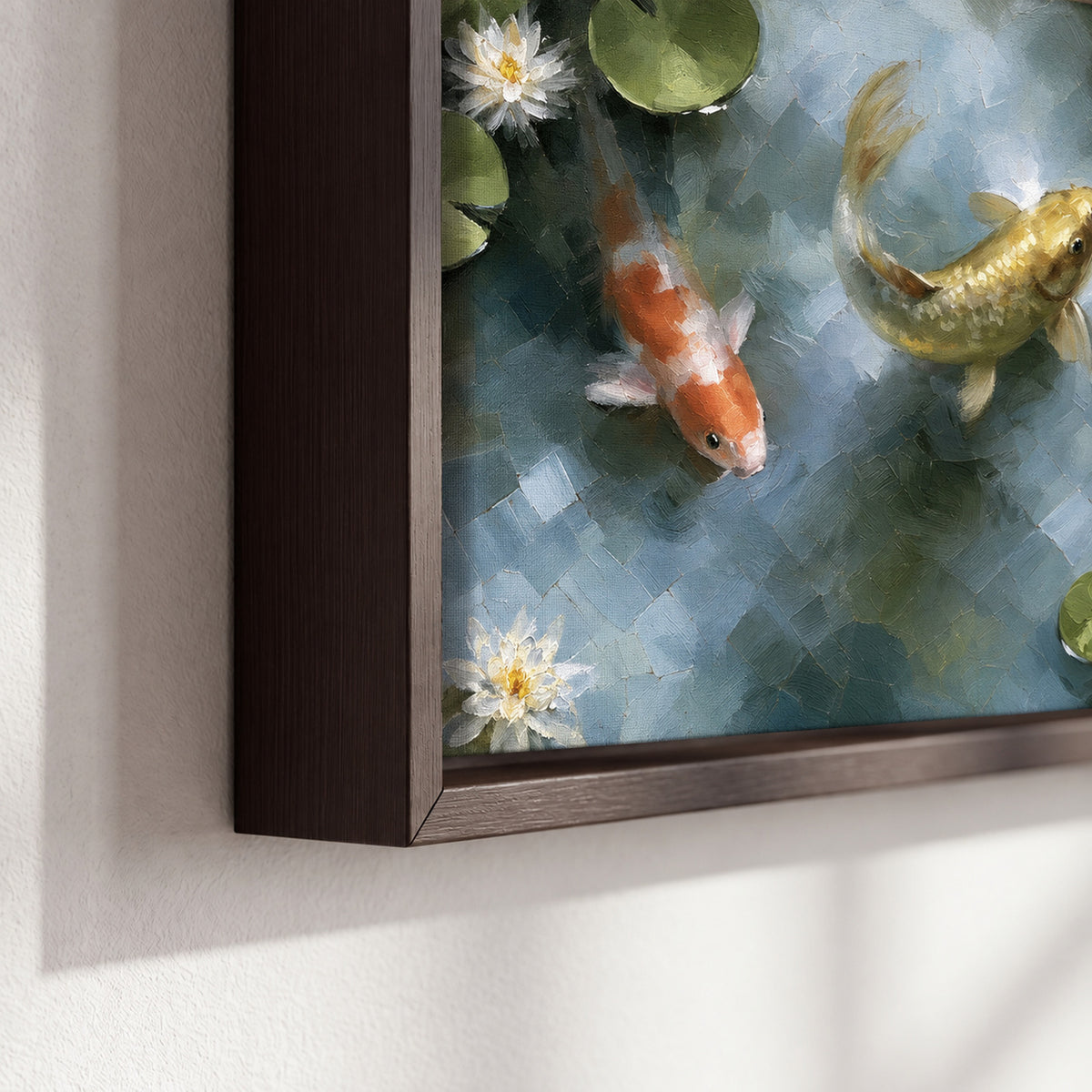 Koi fish pond painting framed canvas close-up showing the floating frame