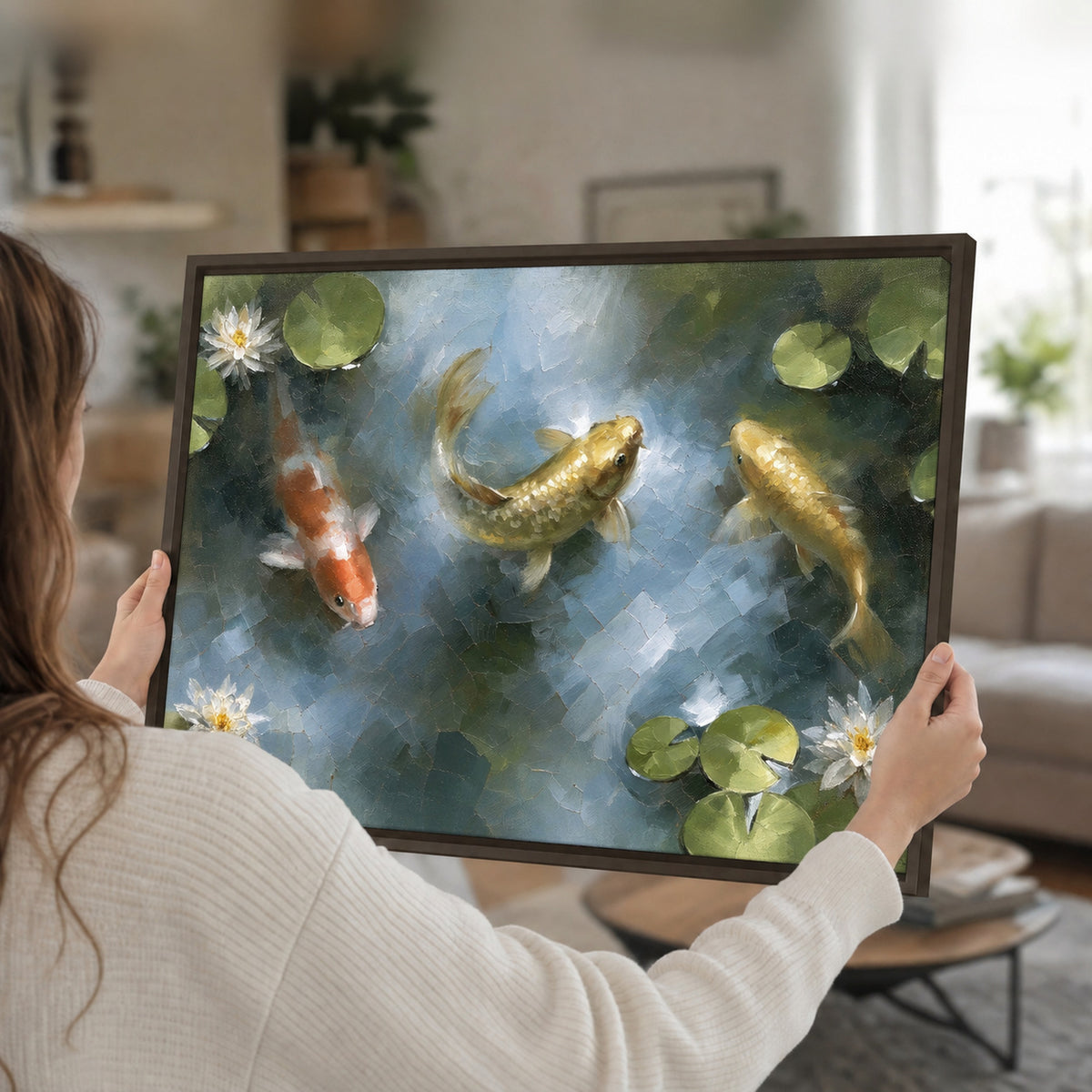 Koi fish pond painting framed canvas wall art held in hands